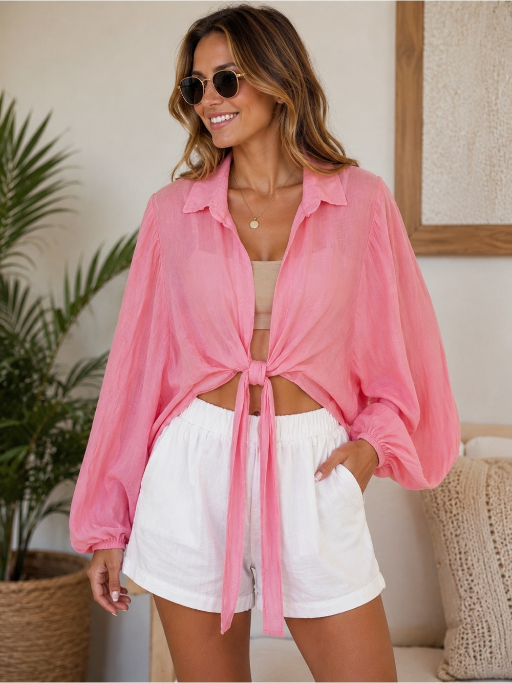 NT By Amati Pink Linen Tie Front Top One Size Made in Italy NWT